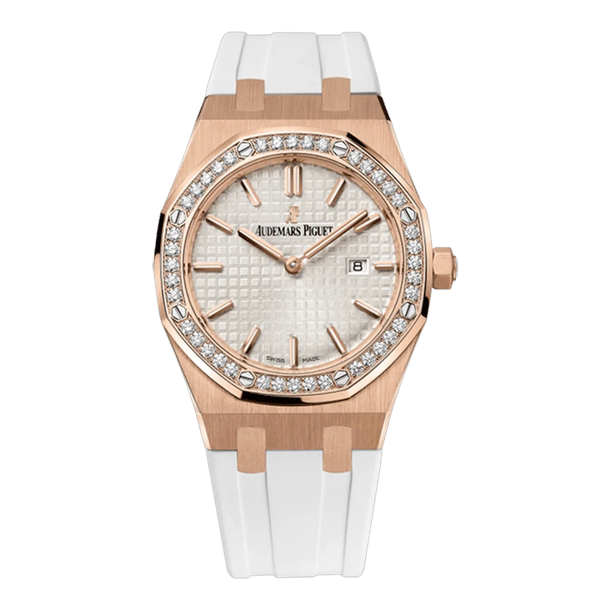 Audemars Piguet Royal Oak 67651Or.Zz.D010Ca.01 White Indices Diamond Bezel 33Mm 18K Rose Gold White Rubber Strap Ladies Watch