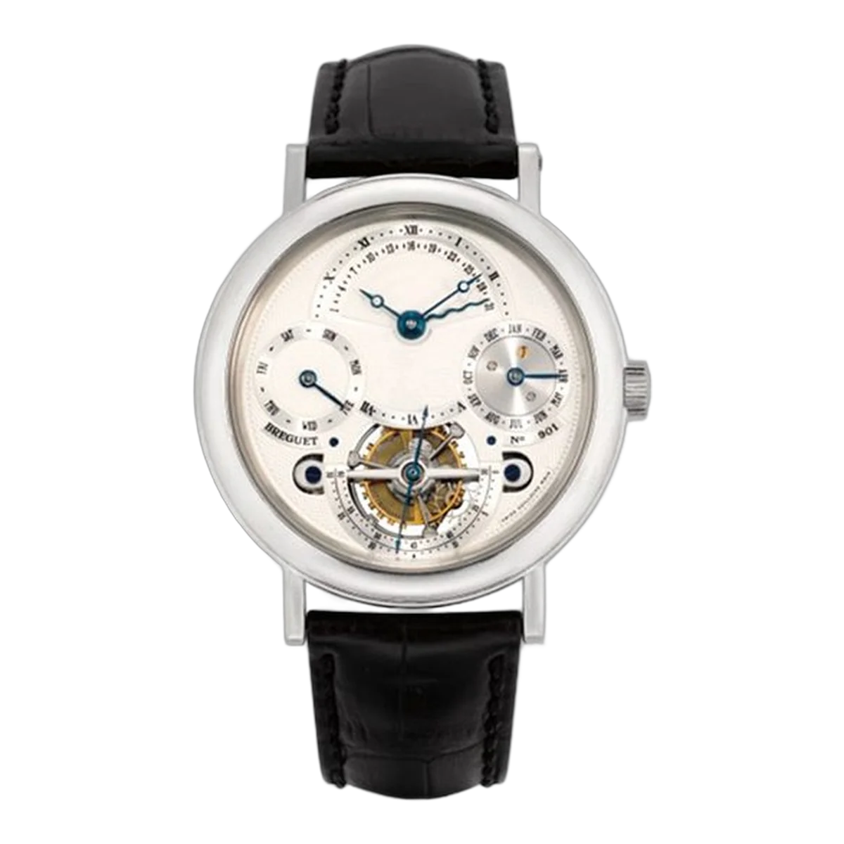 Breguet Classique Complications 3757 Silver Dial Tourbillon Perpetual Calendar 40Mm Platinum Black Leather Straps Men's Watch