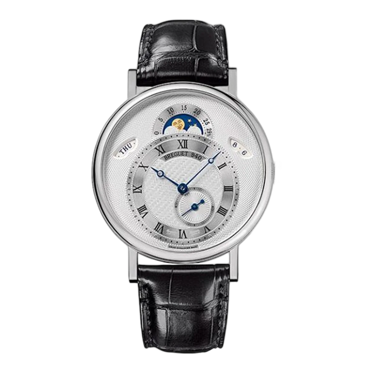 Breguet Classique Day-Date 7337Bb/1E/9V6 Silver Roman Dial Moonphase 39Mm 18K White Gold Black Leather Straps Men's Watch
