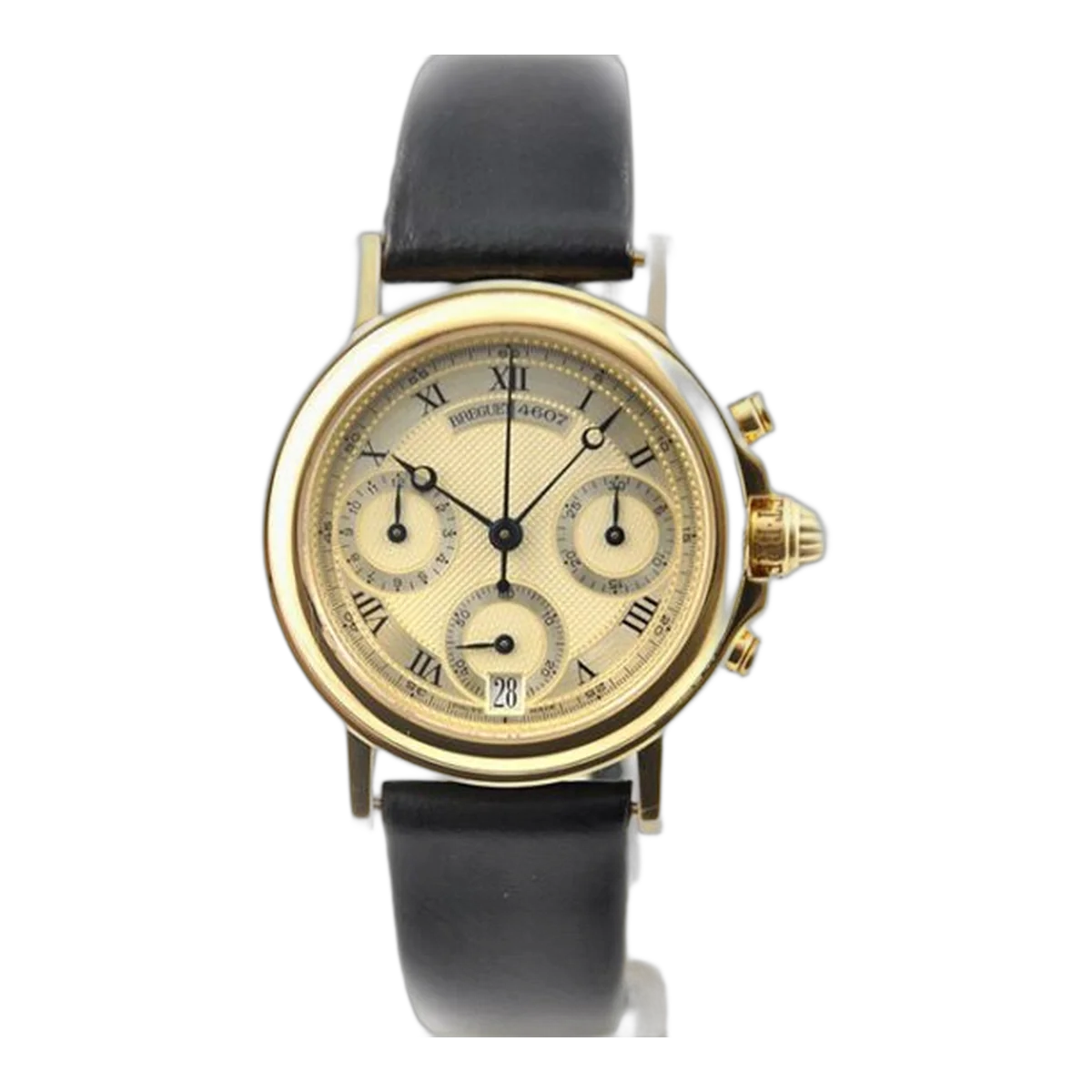 Breguet Marine 4460 Silver Cream Roman Dial Chronograph 33Mm 18K Yellow Gold Black Leather Straps Ladies Watch