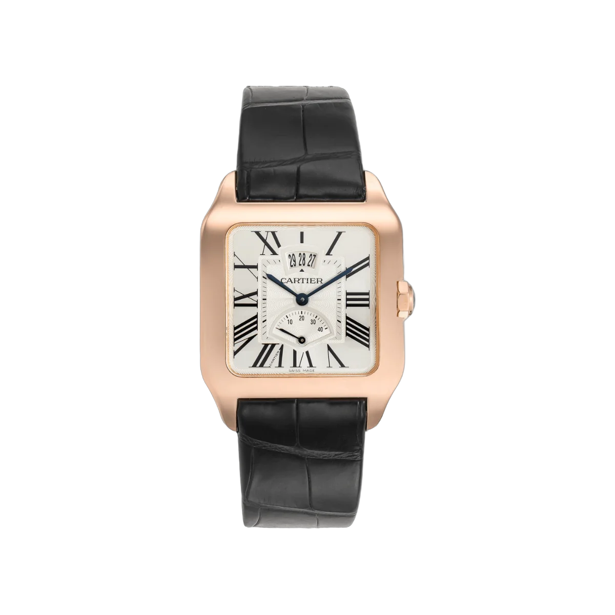 Cartier Santos Dumont W2020067 Rose Gold Silver Dial Black Strap