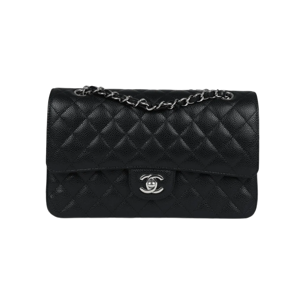 Chanel Classic Black Caviar Quilted Medium Double Flap Silver HW Handbag