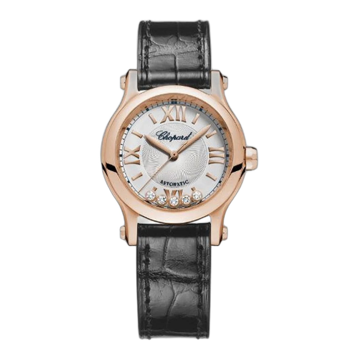 Chopard Happy Sport Round Watch 30Mm Rose Gold Case Silver Dial Black Strap Ref. 274893-5011
