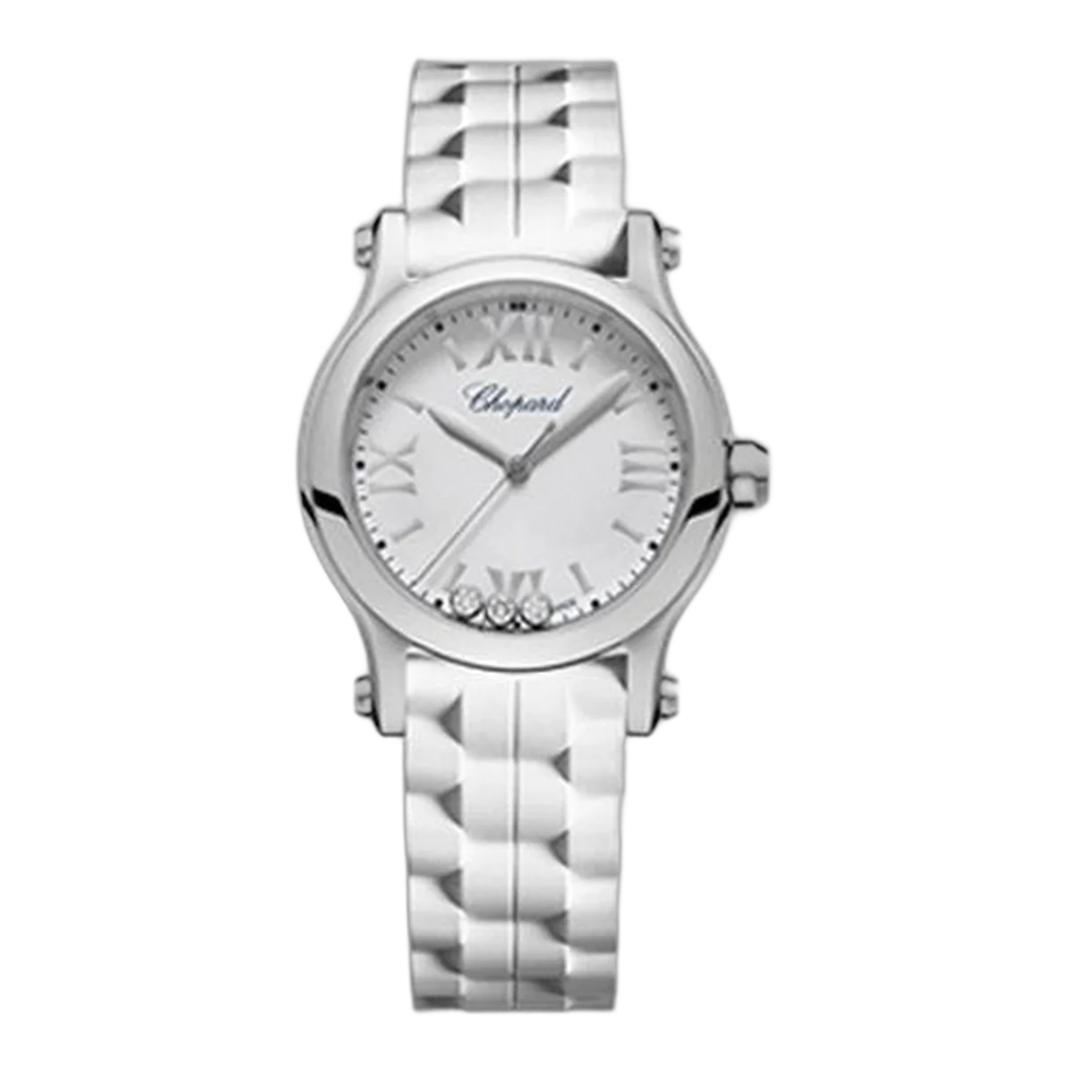 Chopard Happy Sport Round Watch 30Mm Steel Case Silver Dial Black And White Rubber Strap Ref. 278590-3001