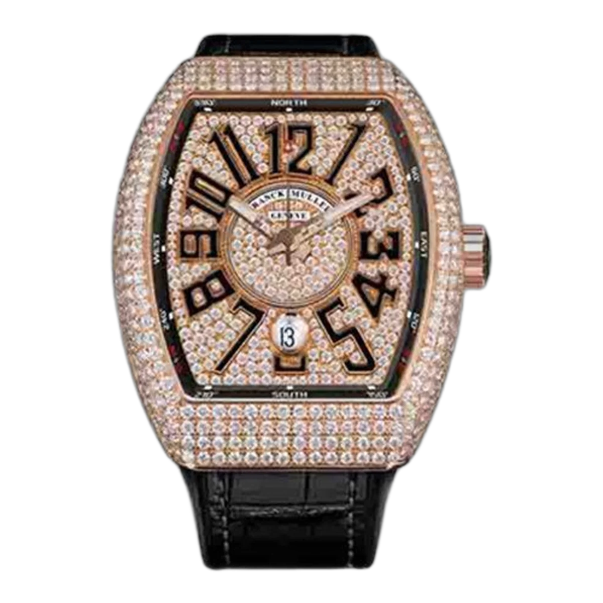 Franck Muller Vanguard V 45 Sc Dt D Cd 5N Nr Diamond Fave 53.7Mm Automatic Rose Gold Black Leather Strap Men's Watch