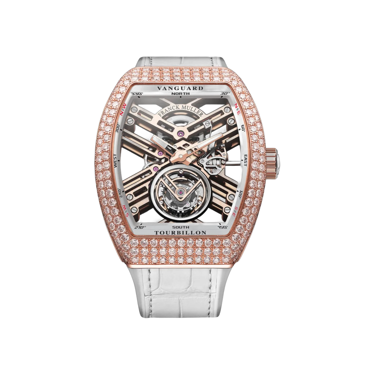 Franck Muller Vanguard V 45 T SQT D MVT D 5N BC5N Tourbillon Rose Gold Diamonds Bezel 45mm Skeleton Dial Men's Watch