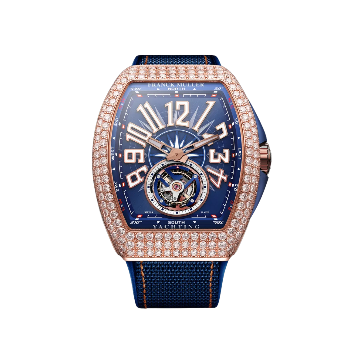 Franck Muller Vanguard Yachting V 45 T YACHT D 5N BL 5N Tourbillon Rose Gold 45mm Diamonds Bezel Blue Dial Men's Watch