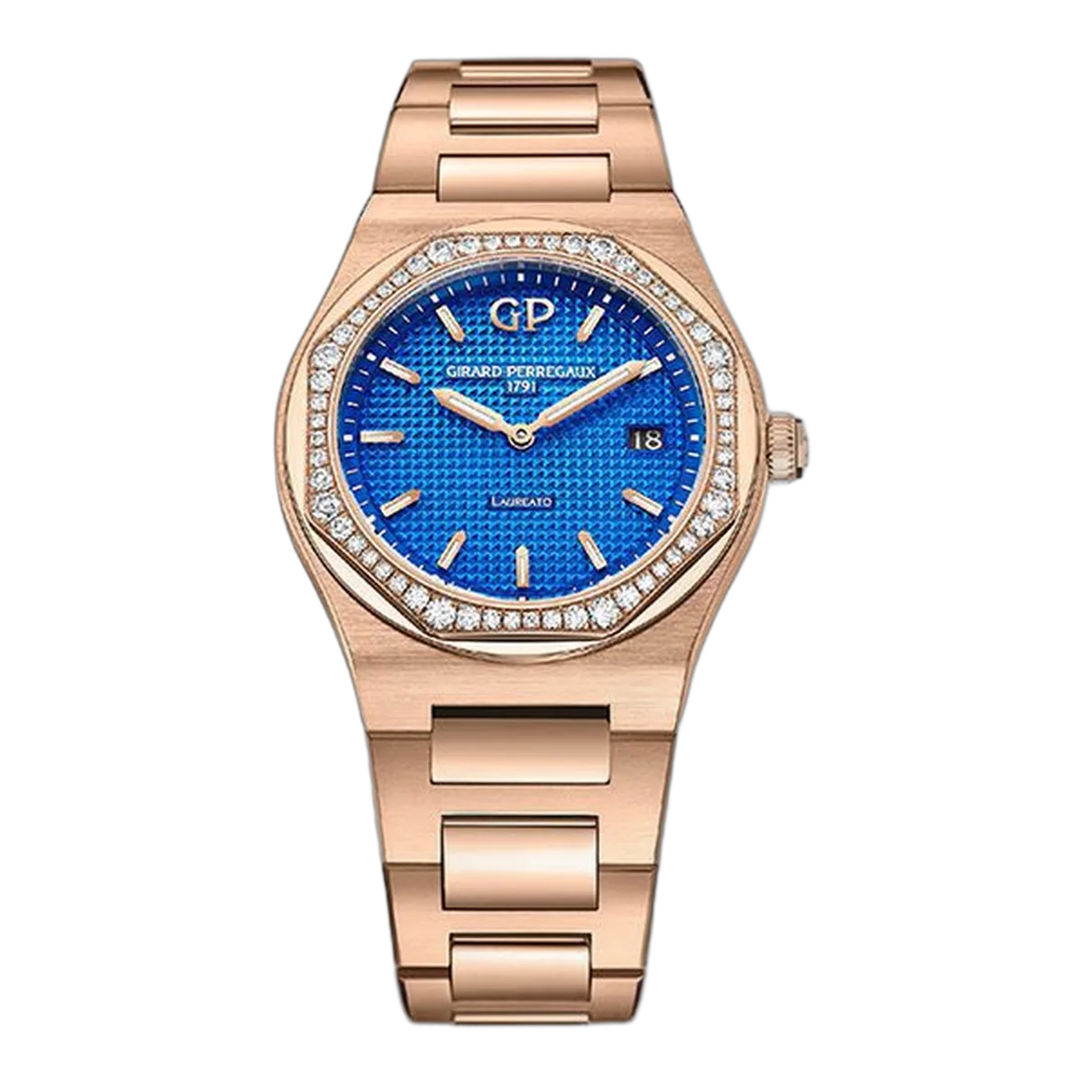Girard Perregaux Laureato 80189D52A434-52A Blue Indices Diamond Bezel 34Mm 18K Rose Gold Ladies Watch 80189D52A434-52A