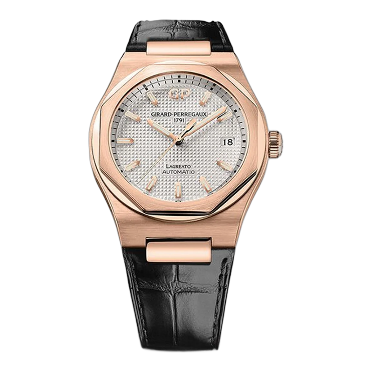 Girard Perregaux Laureato 81005-52-132-Bb6A Silver Dial Automatic 38Mm 18K Rose Gold Black Leather Straps Watch 81005-52-132-Bb6A