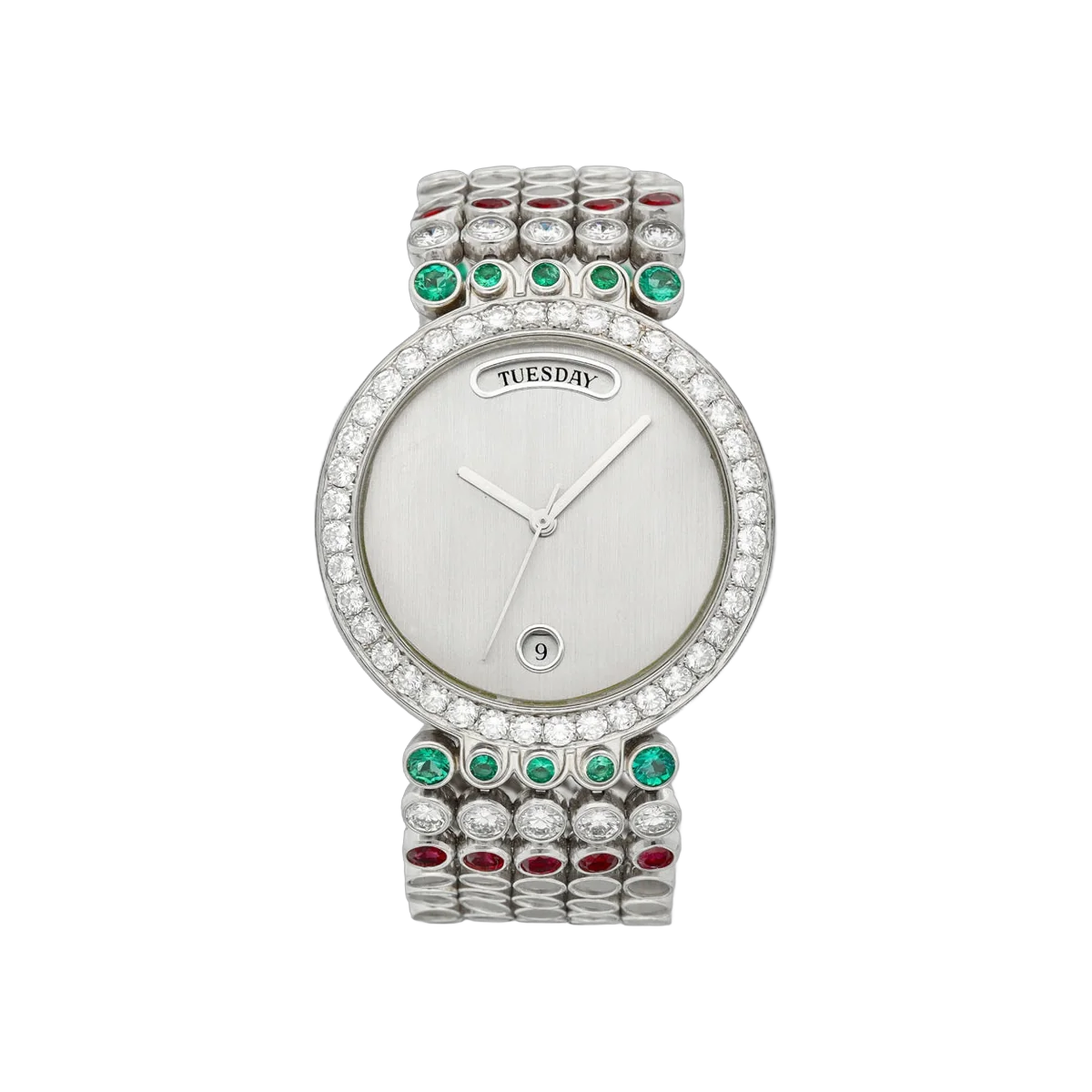 Harry Winston N01030224 Platinum Diamond, Emerald, and Ruby-set Bracelet 37.5mm Silvered Dial Ladies Watch
