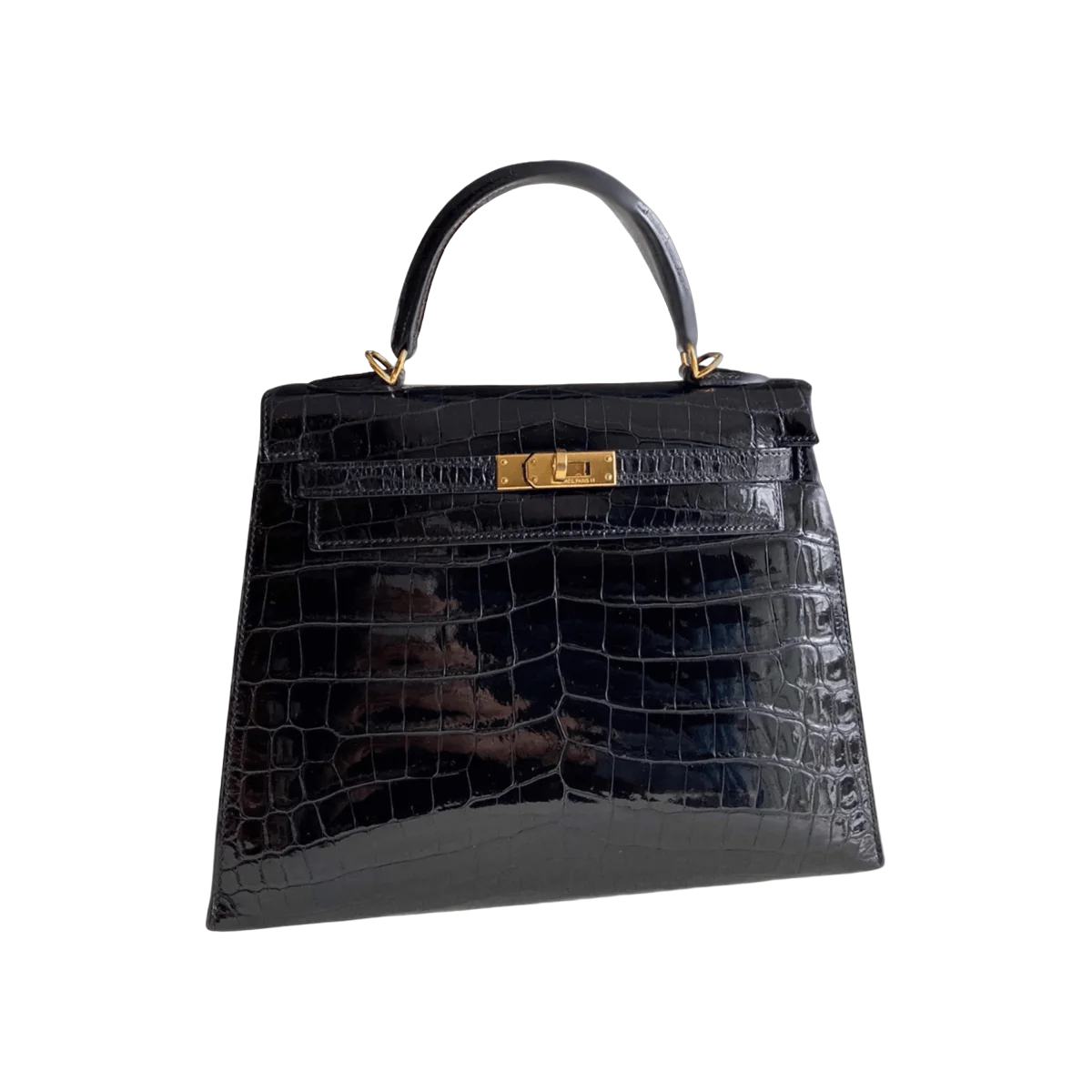 Hermes Kelly 25 Black Shiny Crocodile Gold HW Handbag