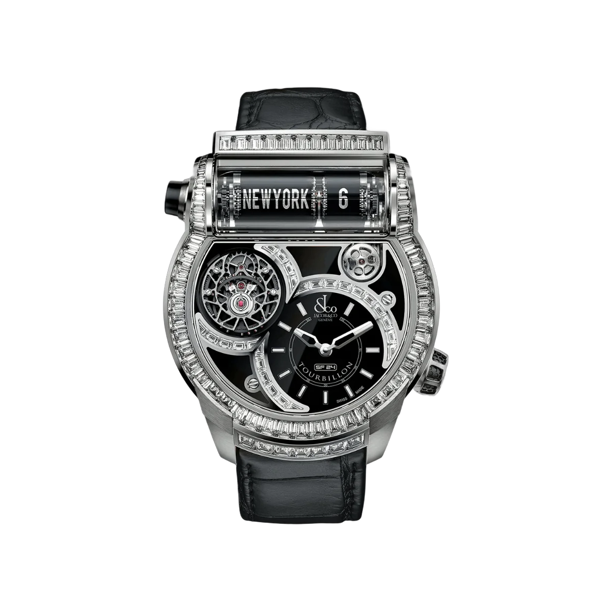 Jacob & Co. Epic SF24 Tourbillon Baguette ES802.30.BD.BD.A White Gold 2 Timezone 45mm Black Dial Mens Watch