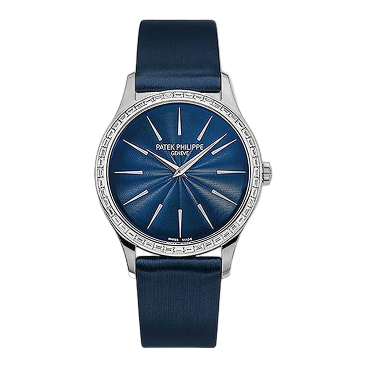 Patek Philippe Calatrava 4897/300G-001 Joaillerie Guilloched Night Blue Dial Baguette Cut Bezel 33Mm 18K White Gold Midnight Blue Satin Strap