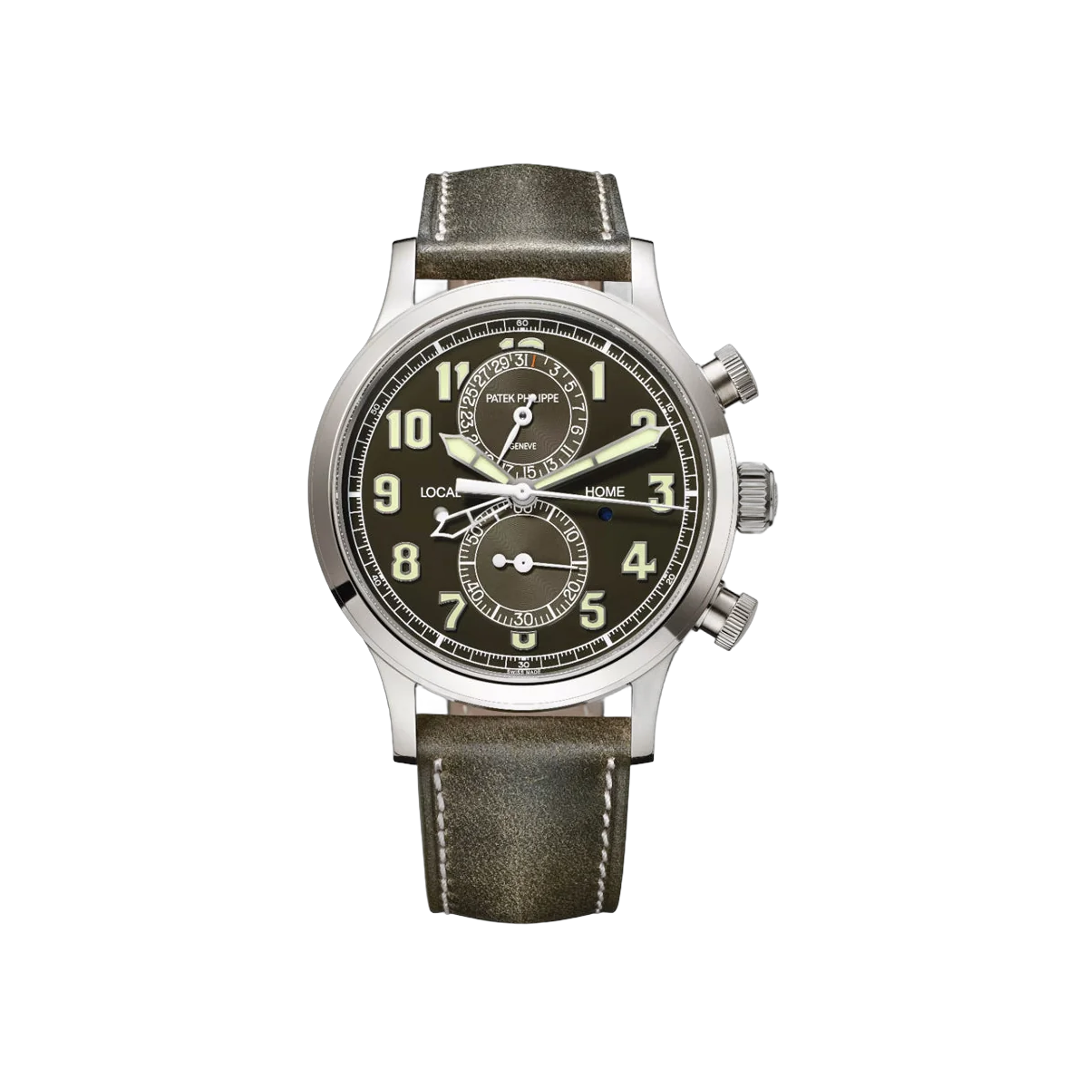 Patek Philippe Calatrava Pilot Travel Time 5924G-010 Flyback Chronograph White Gold Khaki Green Dial 42mm Men's Watch