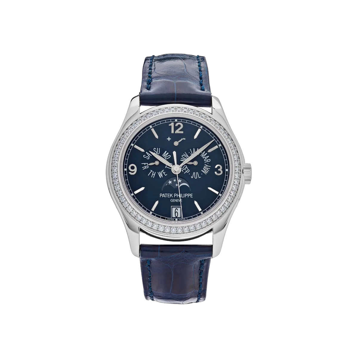 Patek Philippe Complications 5147G-001 Diamond Bezel Annual Calendar Moon Phases 39mm Blue Dial Men's Watch