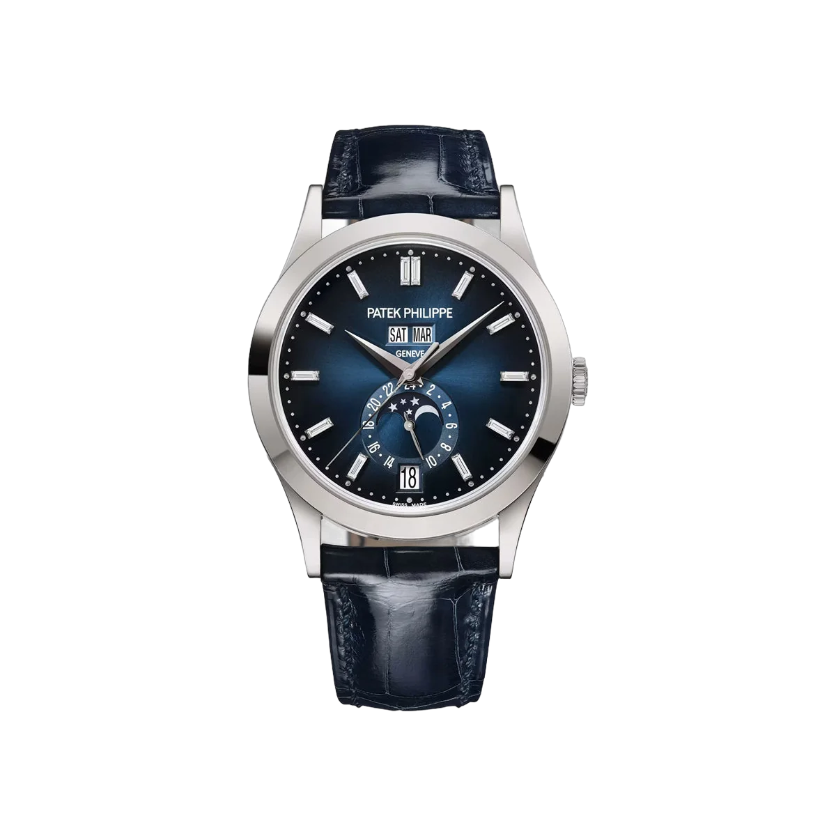 Patek Philippe Complications 5396G-017 Annual Calendar Moonphase 18k White Gold 38.5mm Blue Dial Men's Watch