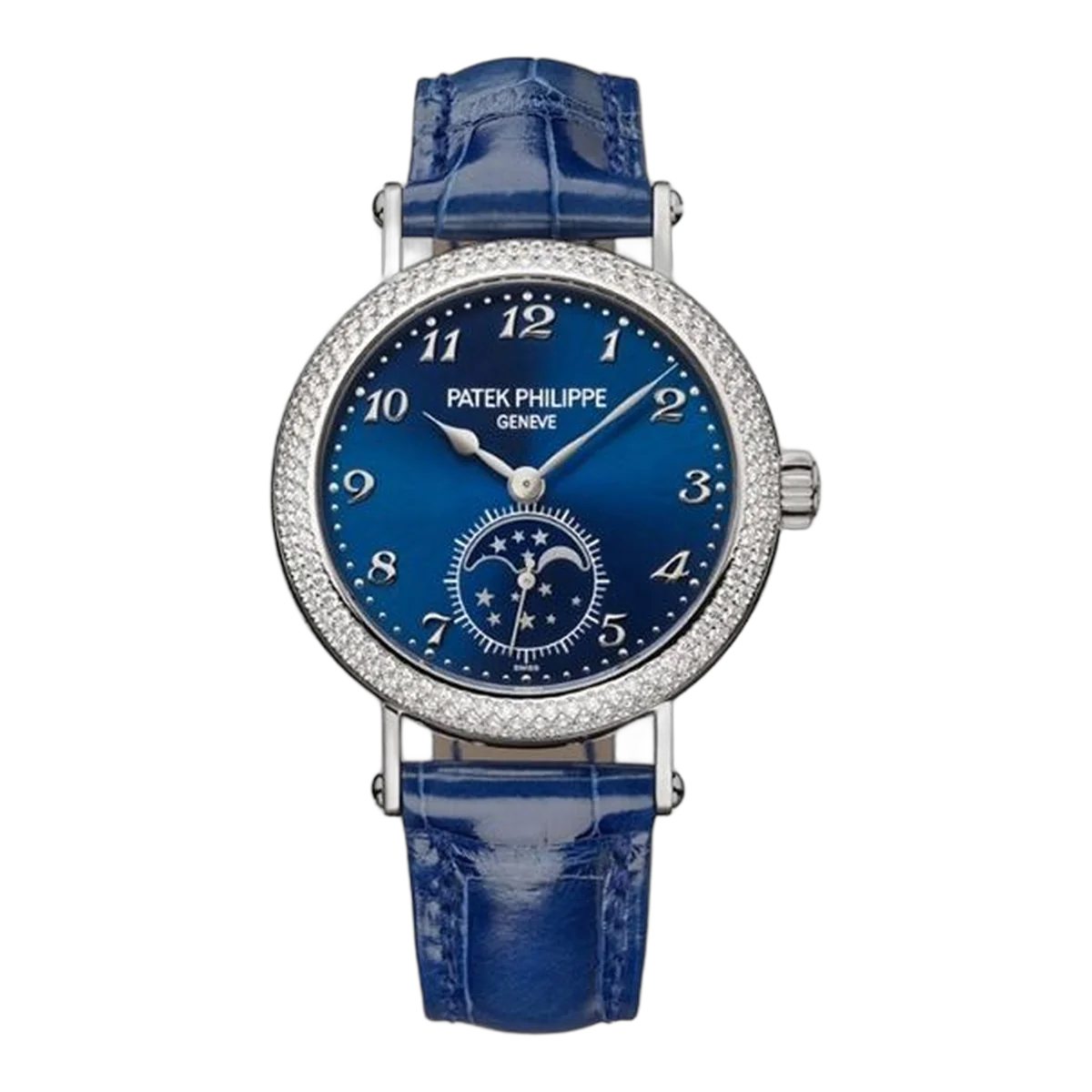 Patek Philippe Complications 7121/200G-001 Blue Sunburst Dial Moon Phase Diamond Set Bezel