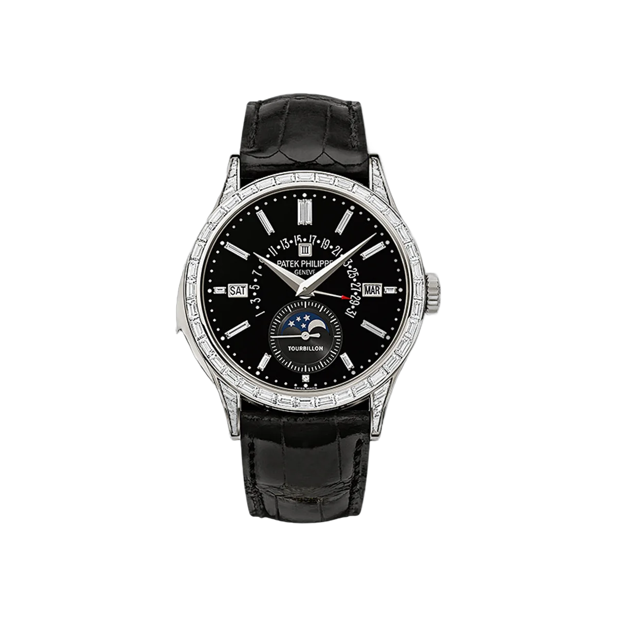 Patek Philippe Grand Complications 5217P-001 Perpetual Calendar Moon Phase Platinum Baguette Diamond Bezel Black Dial 39.5mm Men's Watch
