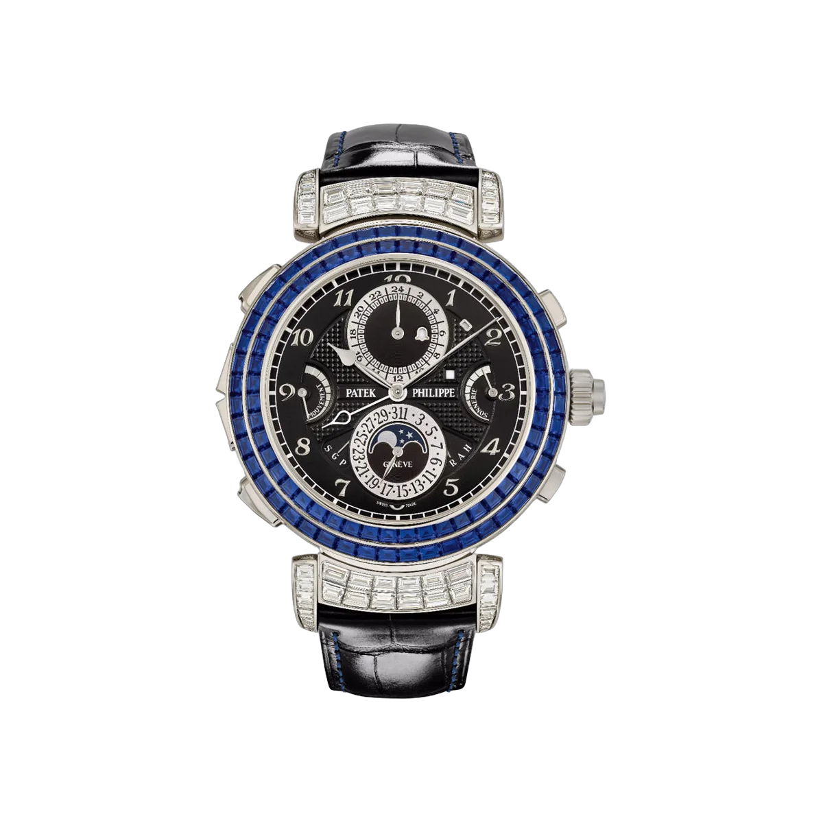 Patek Philippe Grand Complications 6300/401G-001 White Gold Baguette-cut Diamonds & Blue Sapphires 49.4mm Reversible Double-Faced Dial Men's Watch