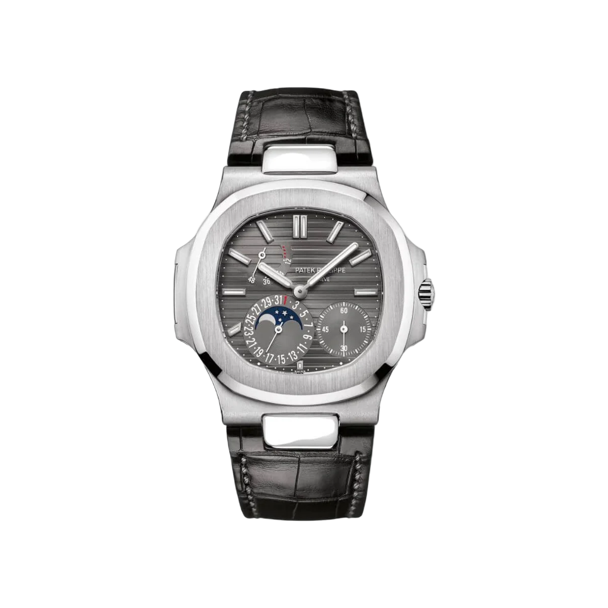 Patek Philippe Nautilus 5712G-001 Slate Gray Indices Moon Phase 18K White Gold Black Matted Leather Straps