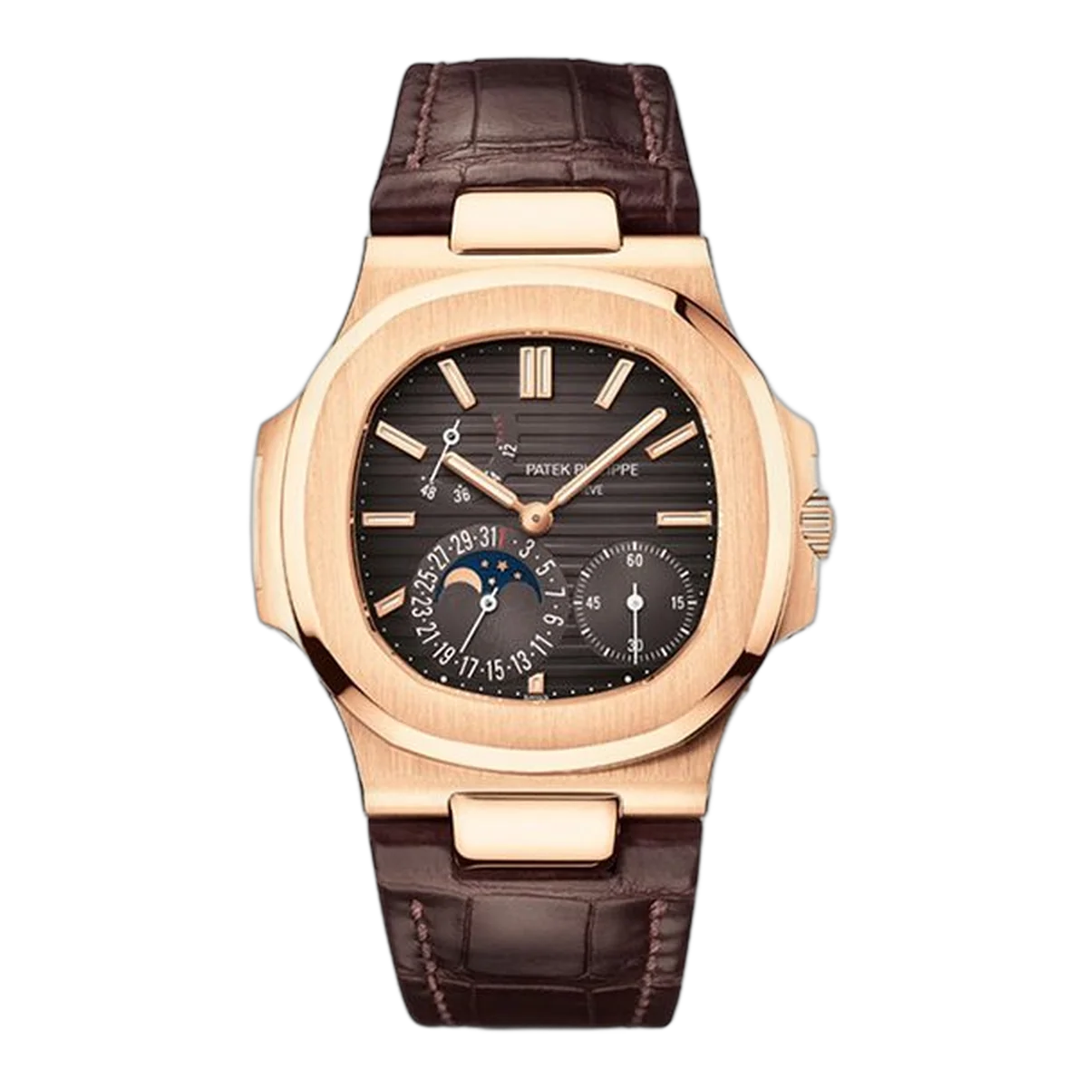 Patek Philippe Nautilus 5712R-001 Black Brown Dial 40Mm 18K Rose Gold Brown Leather Straps
