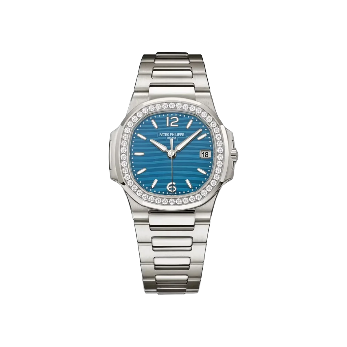 Patek Philippe Nautilus 7010/1G-013 White Gold Azure Blue Dial Diamond Bezel 32mm Ladies Watch