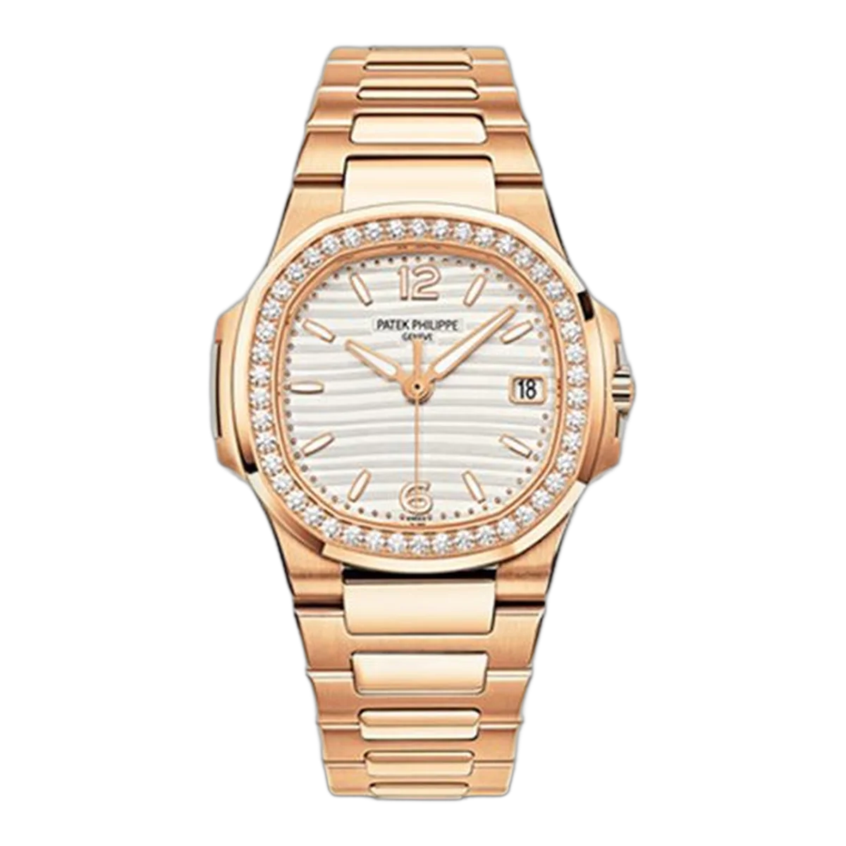 Patek Philippe Nautilus 7010/1R-011 Silvery Opaline Dial Diamonds-Set Bezel 32Mm 18K Rose Gold Ladies Watch