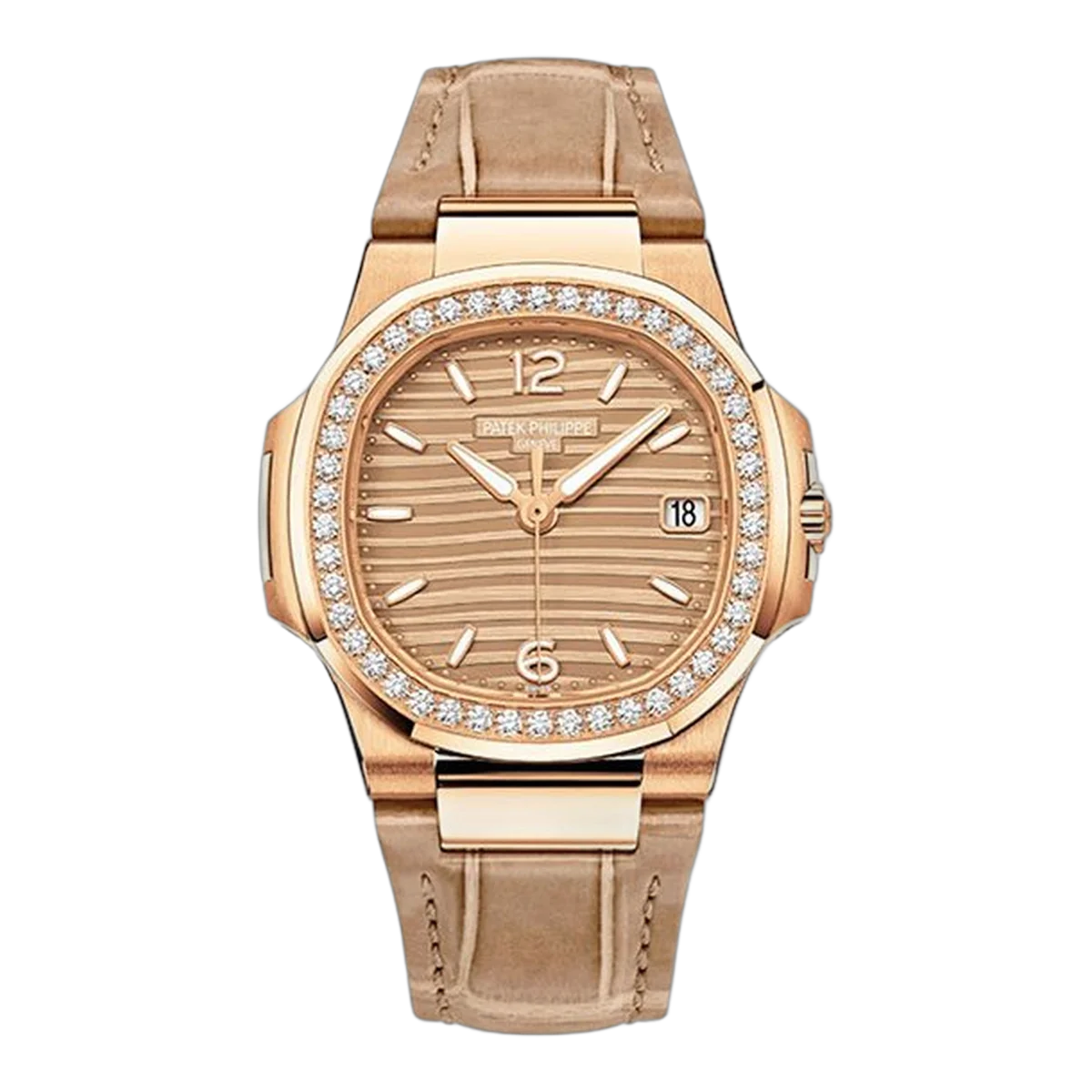 Patek Philippe Nautilus 7010R-012 Golden Index Dial Diamond-Set Bezel 32Mm 18K Rose Gold Beige Leather Straps