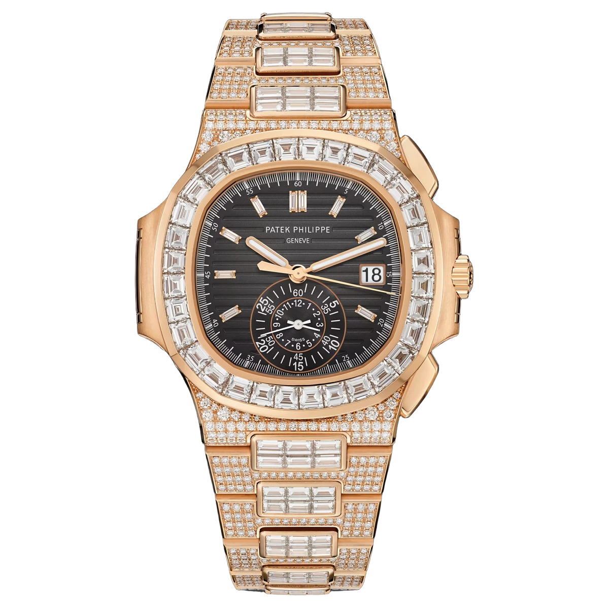 Patek Philippe Nautilus 5980/1400R-011 18K Rose Gold Full Diamond Chronograph Date Baguette 40mm Black Dial Mens Watch