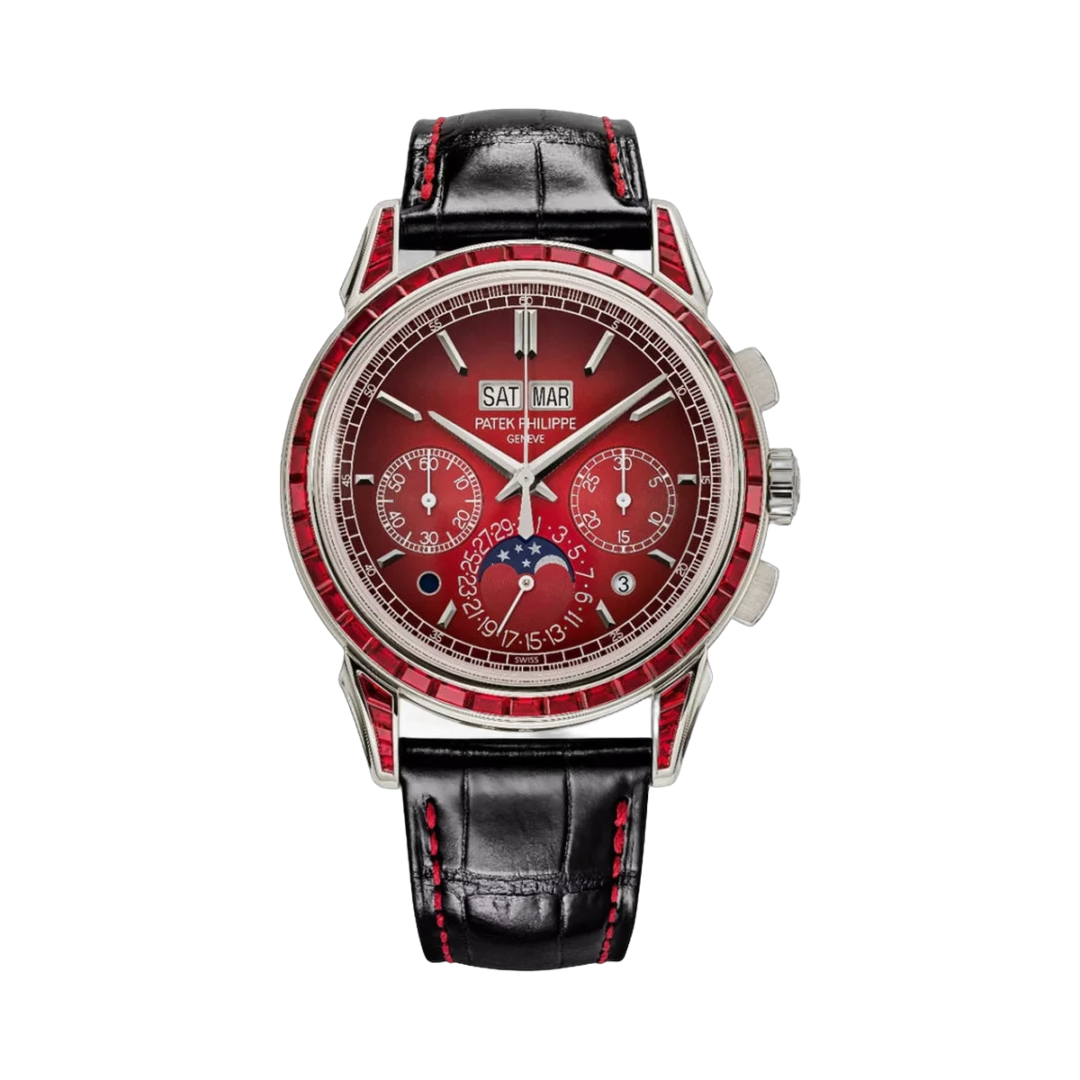Patek Philippe Perpetual Calendar 5271/12P-010 Platinum Ruby Baguette Diamond Bezel 41mm Red Dial Men's Watch
