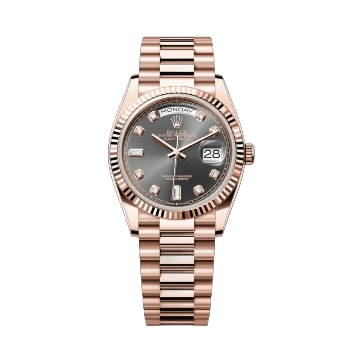 Rolex Day-Date 36 President 128235-0050 18K Everose Gold Fluted Bezel 36mm Slate Gray Dial Ladies Watch
