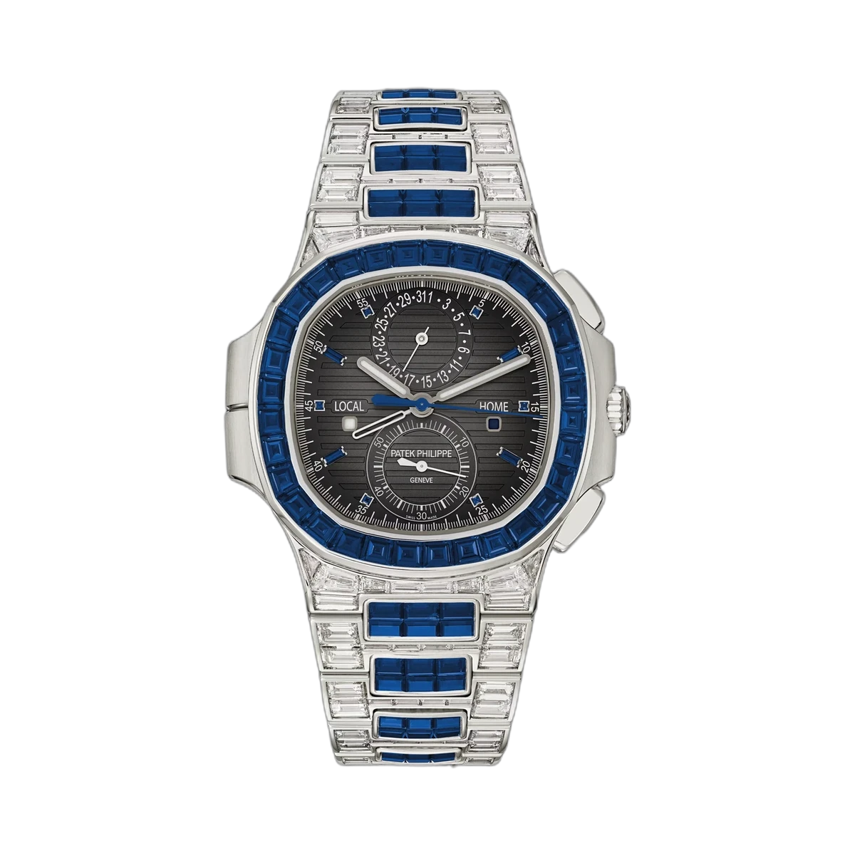 Patek Philippe Nautilus 5990/1421G-001 Travel Time White Gold Baguette Diamonds Blue Sapphires 40.5mm Black Gradated Dial Men's Watch