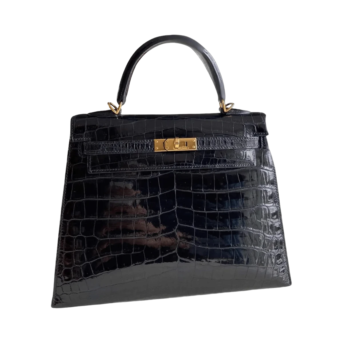 Hermes Kelly 25 Schwarze Glänzende Krokodil Gold HW Handtasche