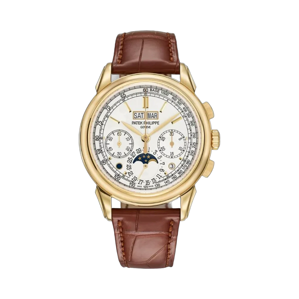 百达翡丽 Grand Complications 5270J-001 恒动计时手动上链白色表盘 41 毫米 18K 黄金棕色皮表带男士手表
