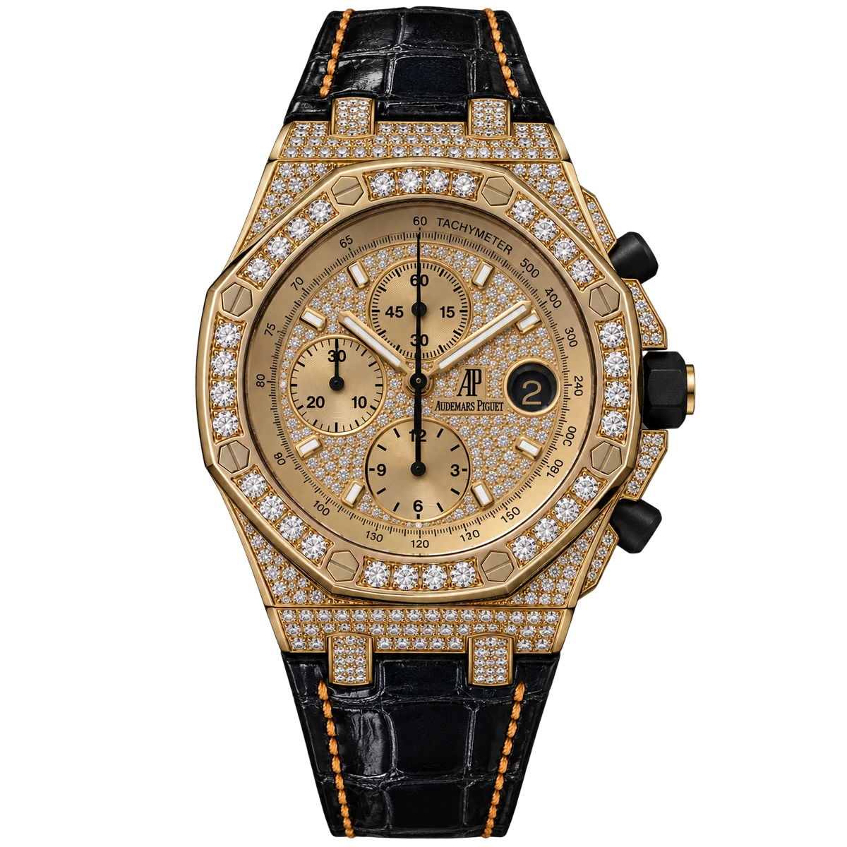 Audemars Piguet Royal Oak Offshore 26067BA.ZZ.D088CR.01 Yellow Gold Full Factory Diamonds 42mm Diamond Dial Men's Watch