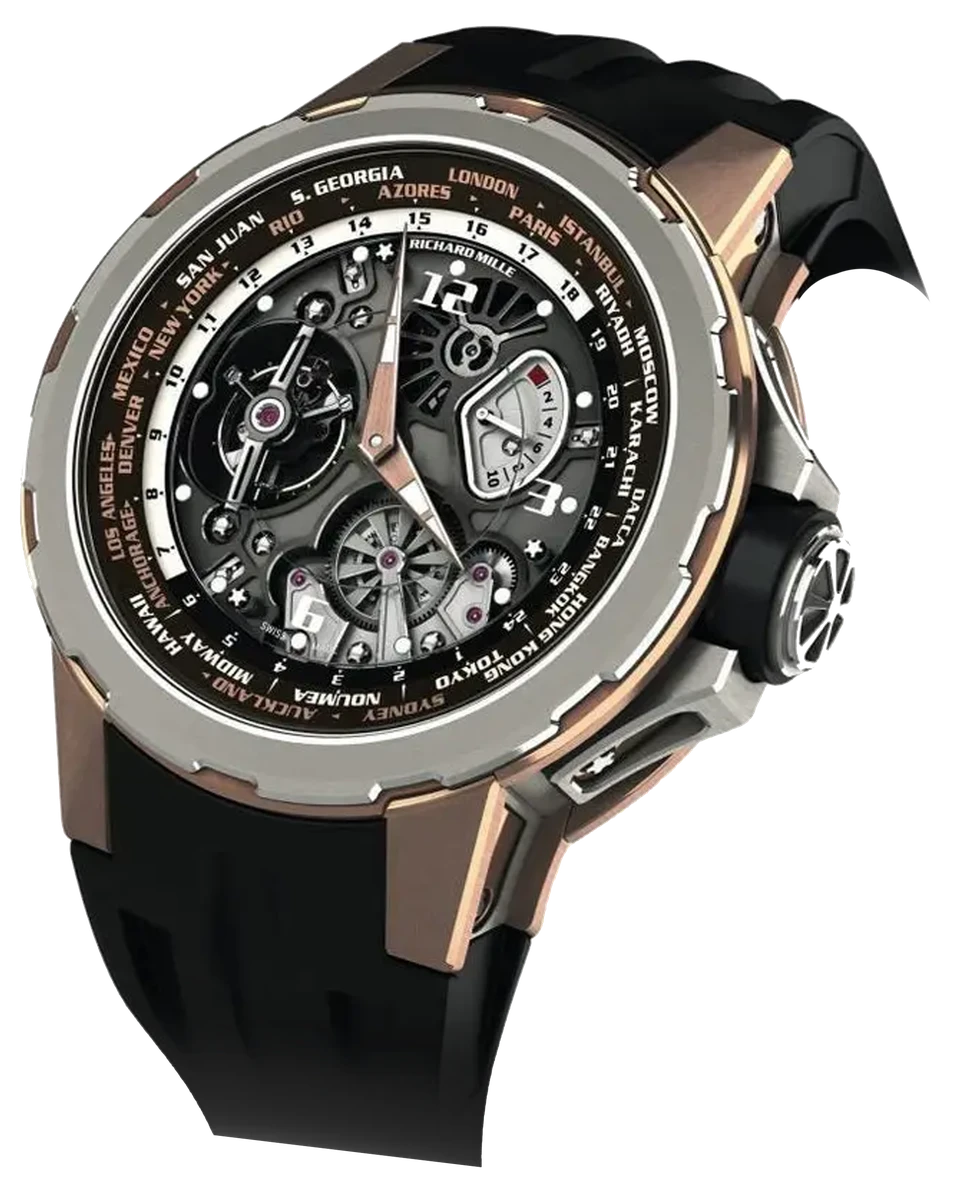 Richard Mille Rm 58-01 Manual Winding Tourbillon Worldtimer Jean Todt 50Mm Rose Gold Black Rubber Straps Men's Watch