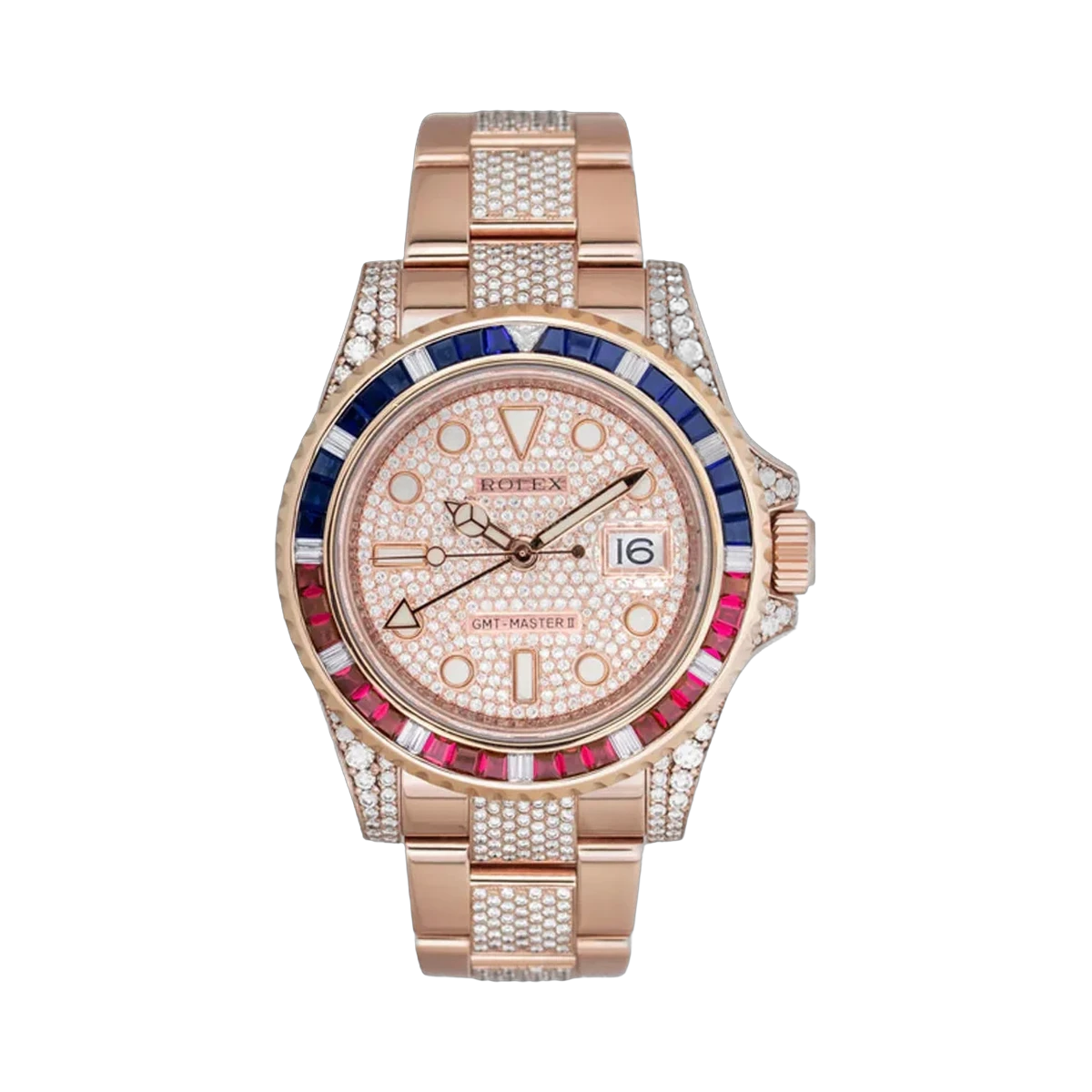 劳力士 GMT Master II 126755SARU 玫瑰金 40 毫米密镶钻石表盘男士手表
