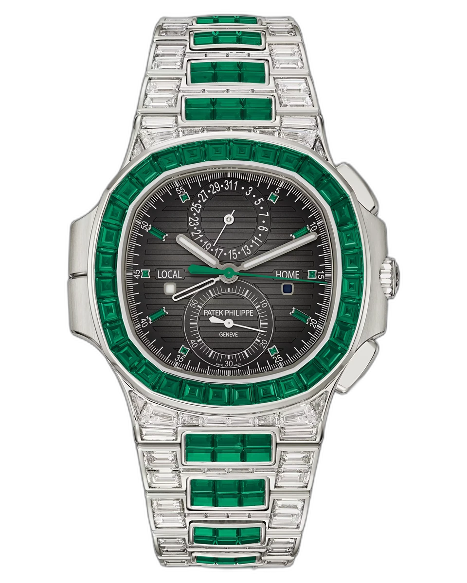 Patek Philippe Nautilus 5990/1423G-001 Travel Time Green Diamond Baguettes Black Dial Mens Watch