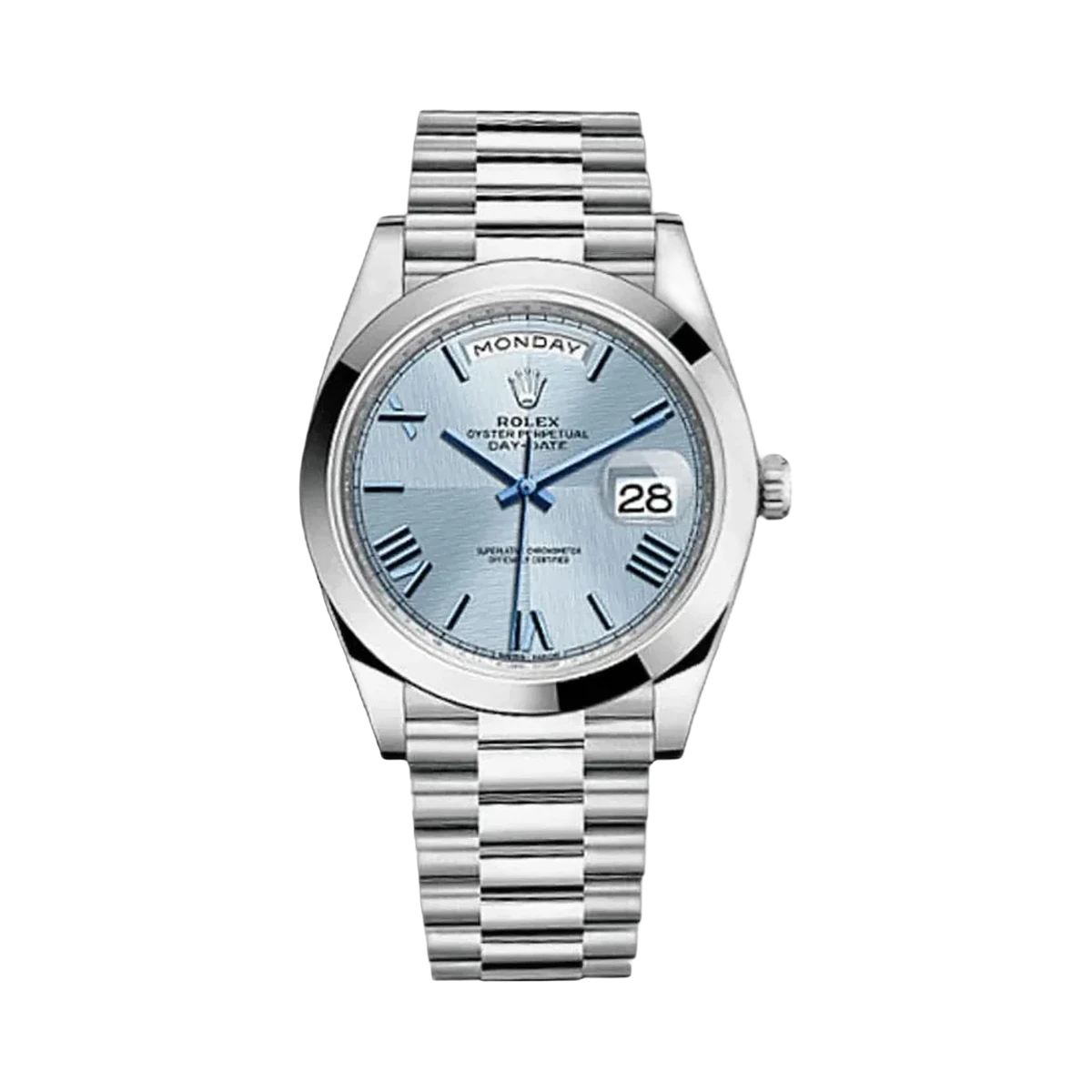 Rolex Day-Date 228206 IBQMRP ساعة رجالية بلاتين 40 مم مينا أزرق ثلجي وأرقام رومانية