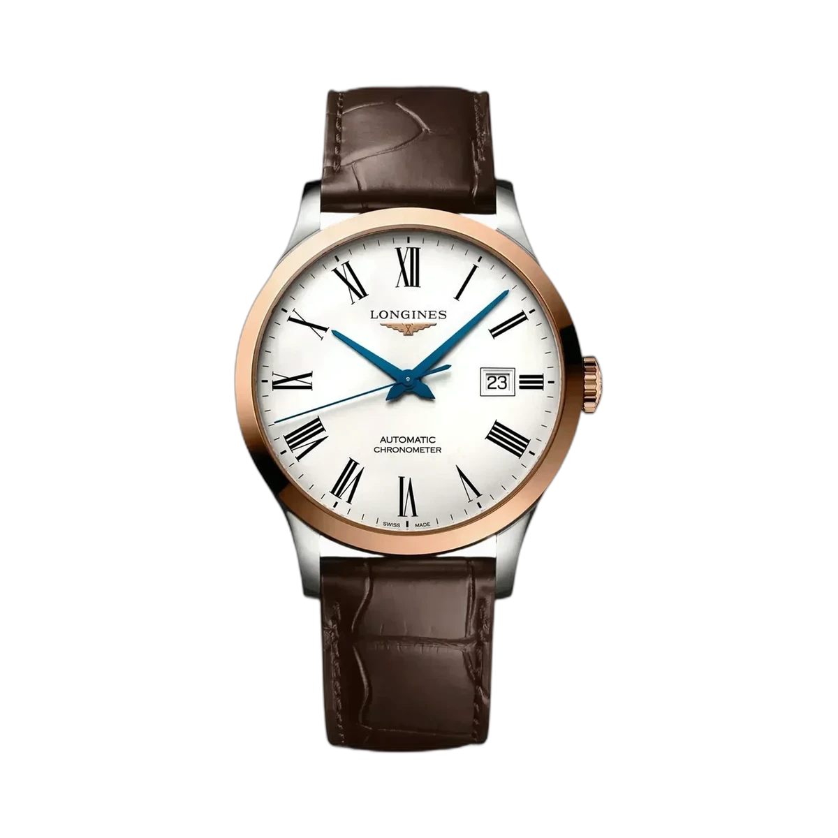 Longines Record Automatic L28215112 40MM White Dial 18K Rose Gold and Steel