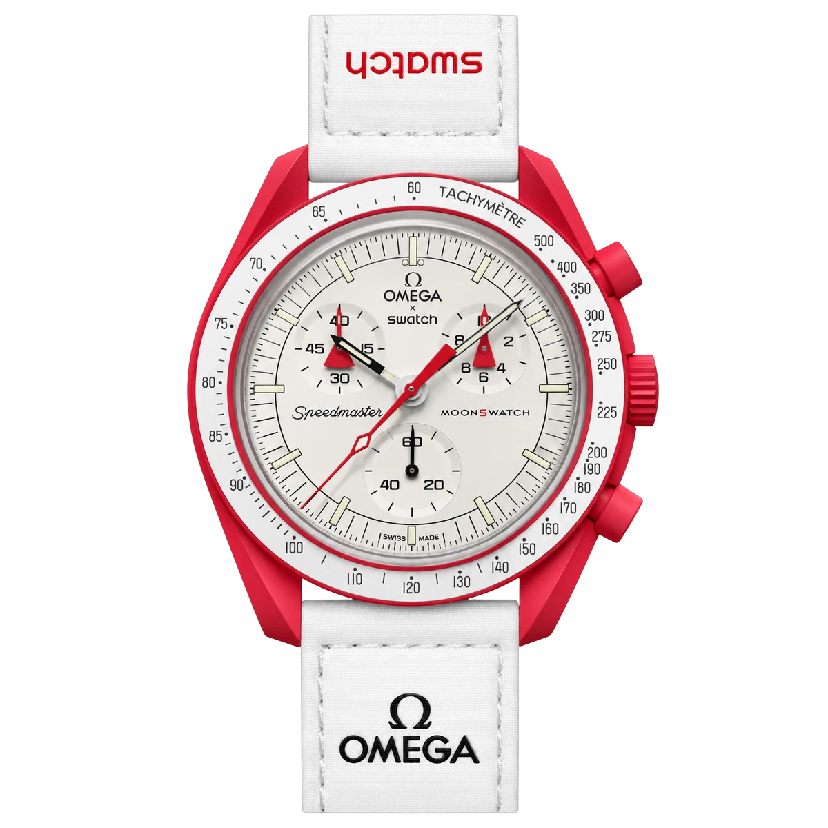 Omega X Swatch Mission To Mars So33R100 Moonswatch Red Bioceramic 42Mm White Straps Unisex Watch