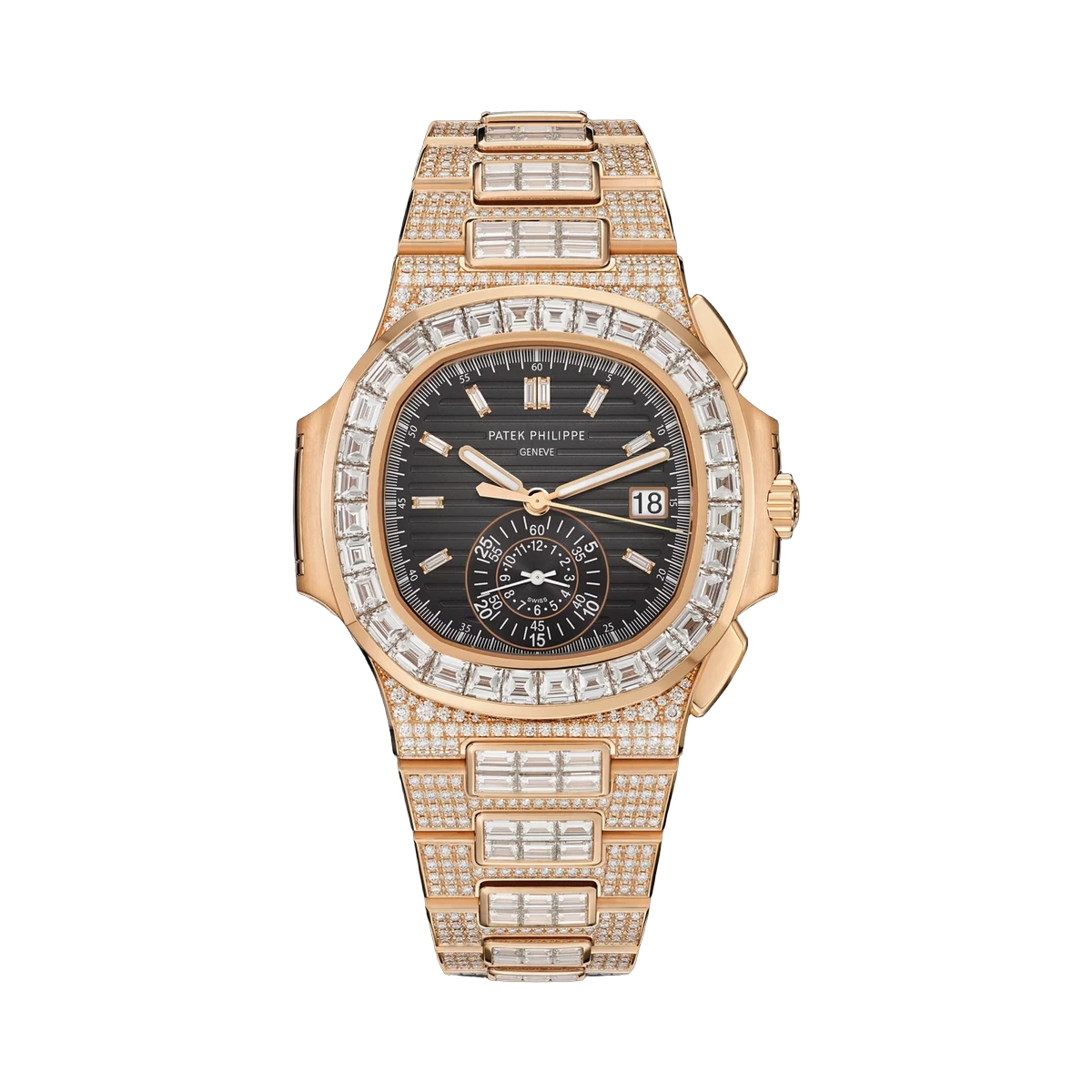 Patek Philippe Nautilus 5980/1400R-011 18K Rose Gold Full Diamond Chronograph Date Baguette 40mm Black Dial Mens Watch