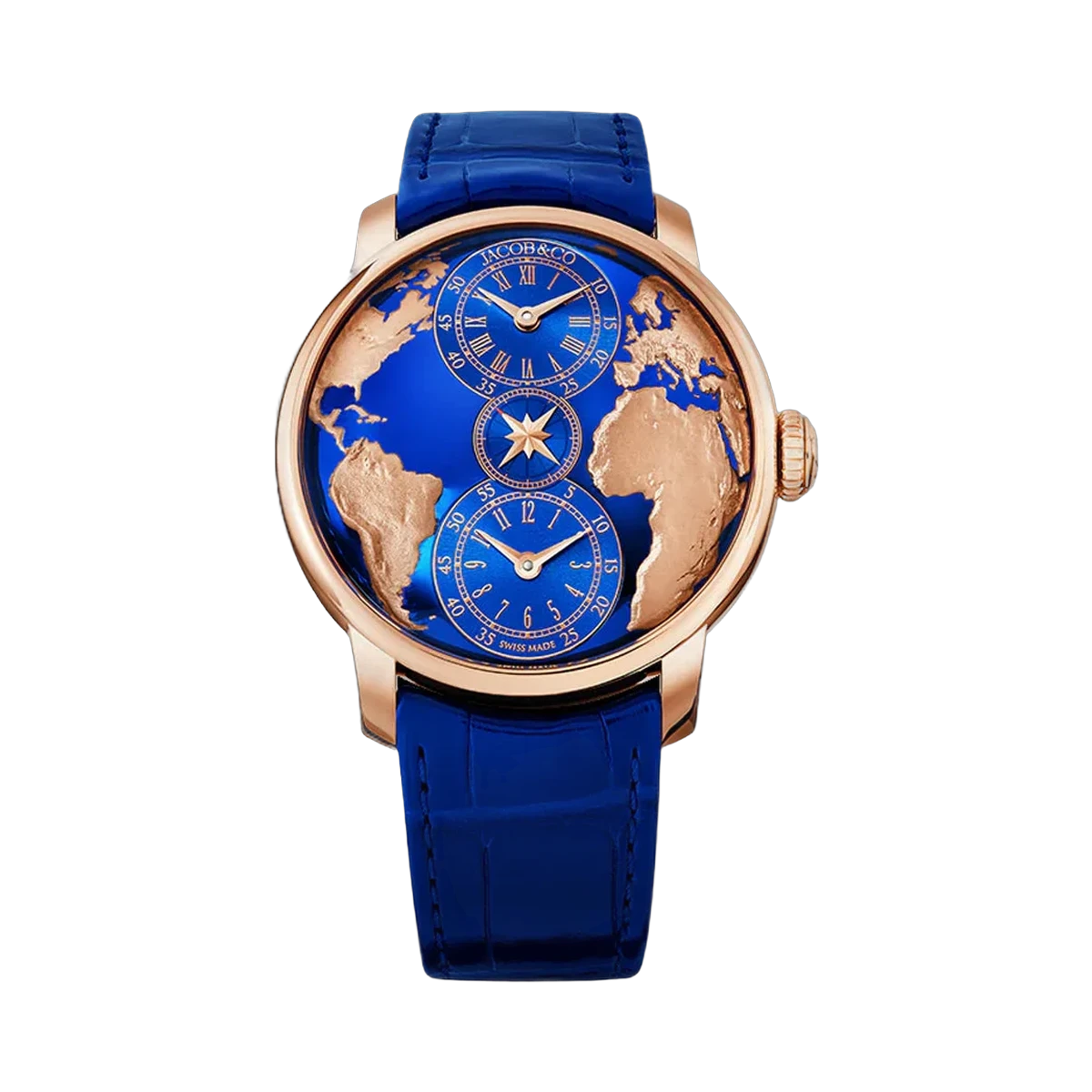 Jacob & Co. The World Is Yours DT100.40.AA.AE.A Dual Time Zone Rose Gold 43mm Stamped Continents Dial Men's Watch