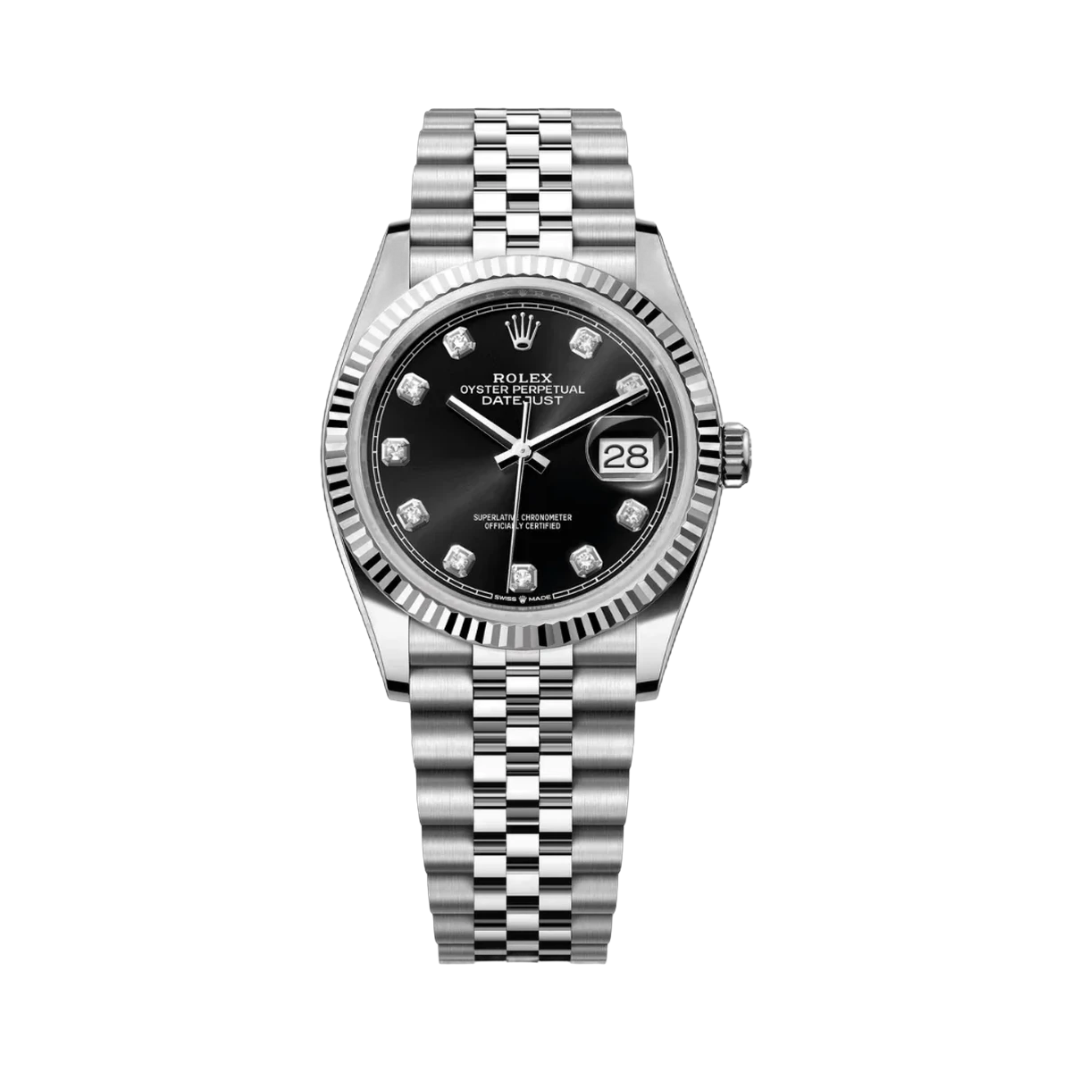 劳力士 Datejust 126234-0027 牡蛎钢白金钻石数字亮黑色表盘 36 毫米男女通用手表