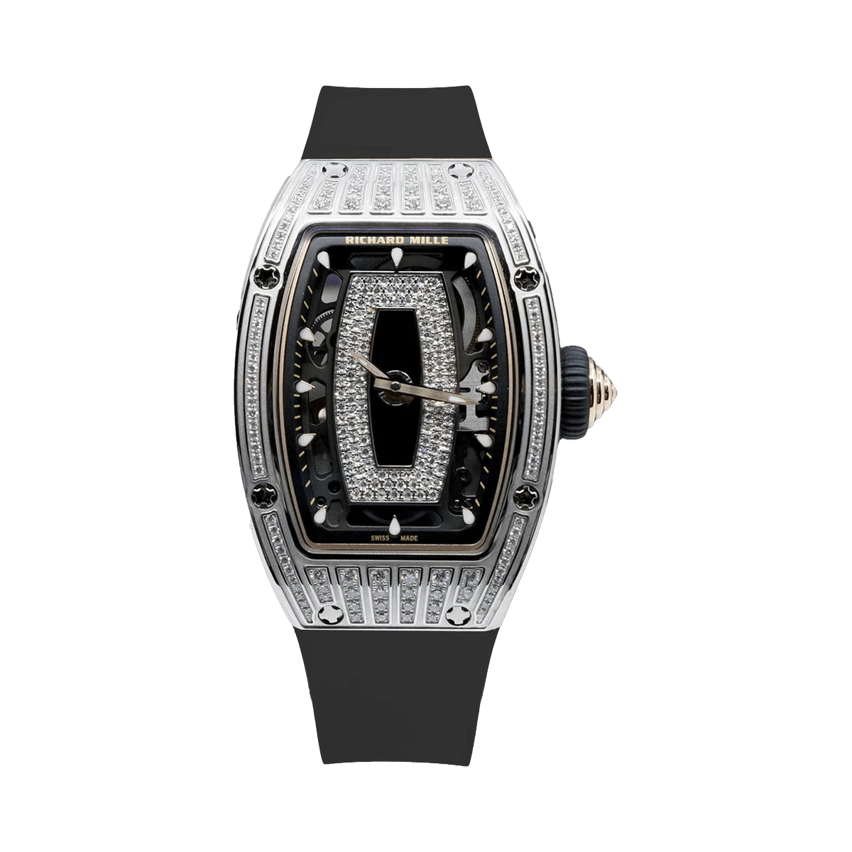 Richard Mille Rm07-01 Wg Onyx & Diamond Set Dial Diamond Paved Bezel 31.4Mm 18K White Gold Black Rubber Straps Ladies Watch