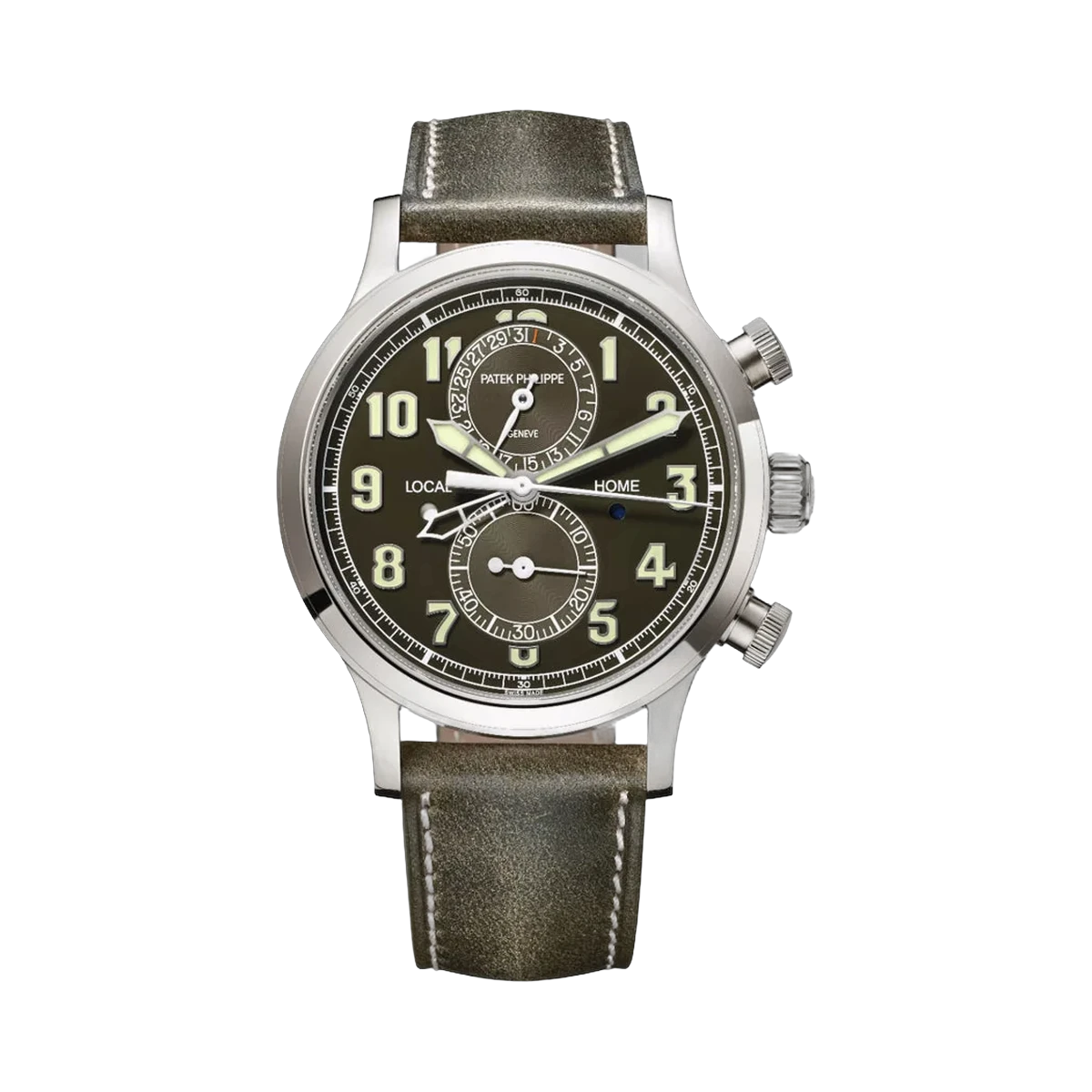 Patek Philippe Calatrava Pilot Travel Time 5924G-010 Flyback Chronograph White Gold Khaki Green Dial 42mm Men's Watch