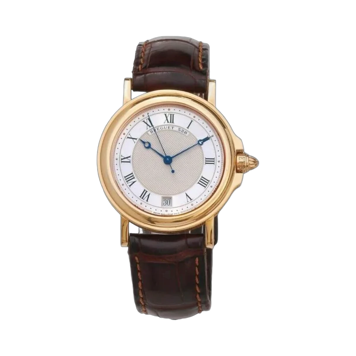 Breguet Marine 3400BA/12/996 Silver Roman Dial Automatic 35.5Mm 18K Yellow Gold Brown Leather Straps Unisex Watch