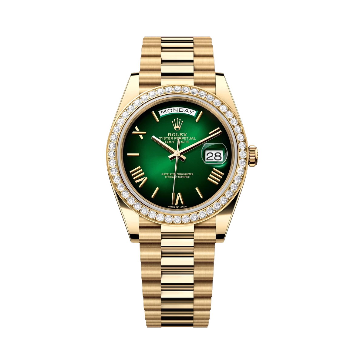 Rolex Day-Date 40 Yellow Gold Green Ombre Diamond Bezel President 228348RBR-0045