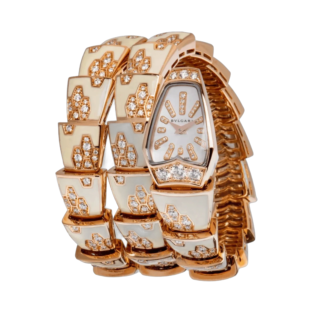 Bvlgari Serpenti 101985 Rotgold-Emaille-Armband mit doppelter Wicklung, Perlmuttzifferblatt