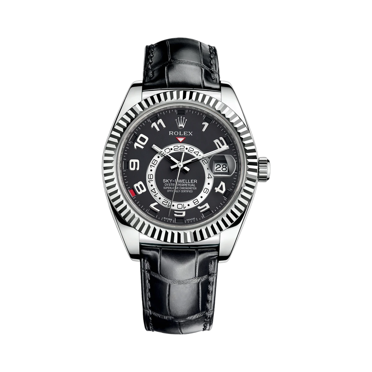 Rolex Sky-Dweller 326139 42mm 18K White Gold Case Black Leather Strap Men's Watch